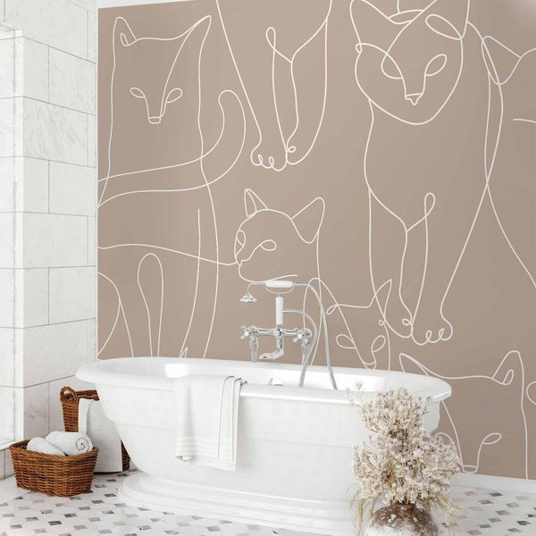 Carta da parati - Cat lineart - minimalist sketches of white cats on beige background