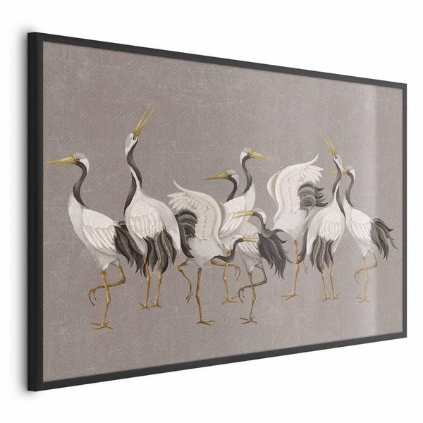 Poster - Crane Dance - light bird silhouettes on a warm-gray textured background