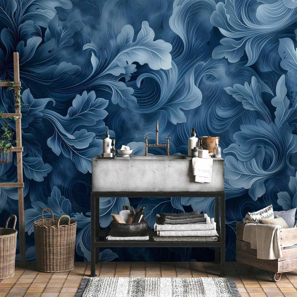 Carta da parati - Abstract Ornaments: Dark Blue Victorian Leaves