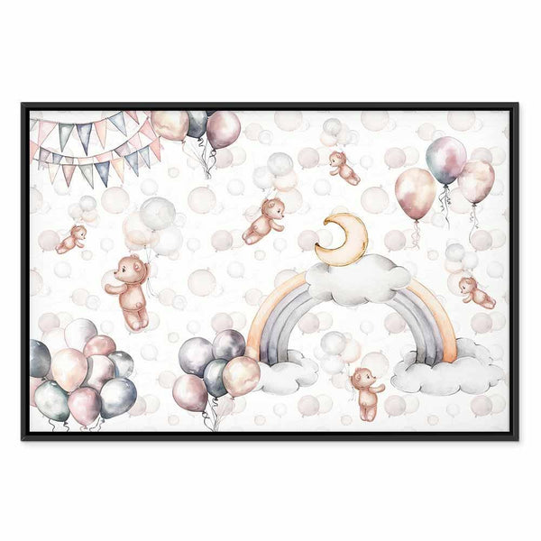 Quadro - Toy Bears with Balloons - Flying Plush Bears Among Balloons Clouds and Rainbows in Subtle Pastel Hues