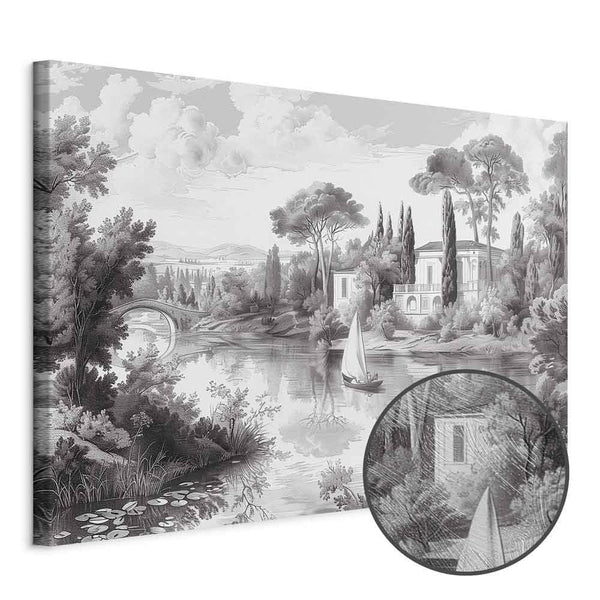 Quadro - Black and White Vintage Landscape Retro View of a Pond with a Boat