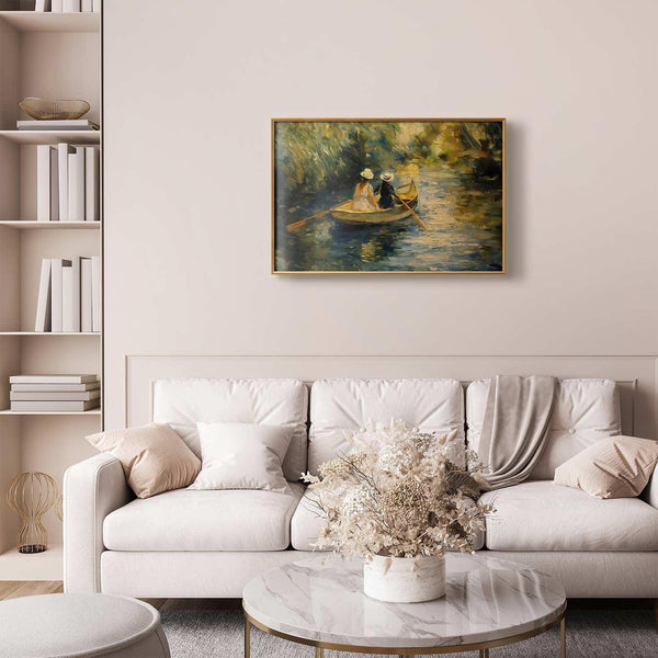 Poster - Boat crossing - painting of two women sailing a boat on a river