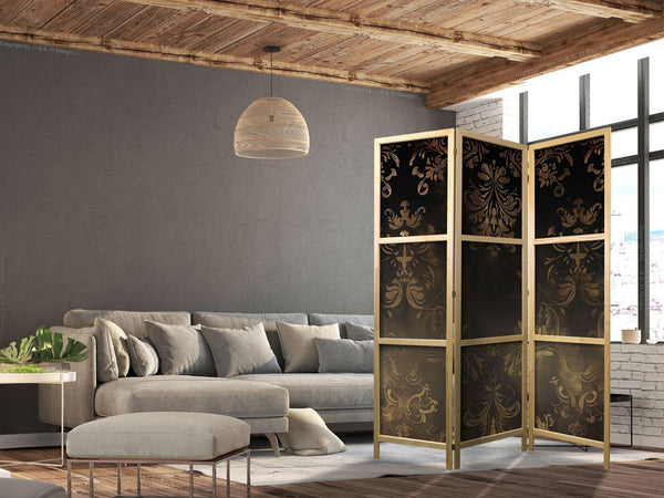 Paravento giapponese - Floral Ornaments Carved in Delicate Sepia and Brown Shades