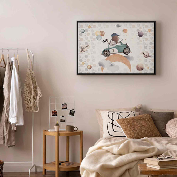 Quadro - Galactic Races - A Bear Participating in Car Races Among Planets Clouds and Stars in Pastel Hues