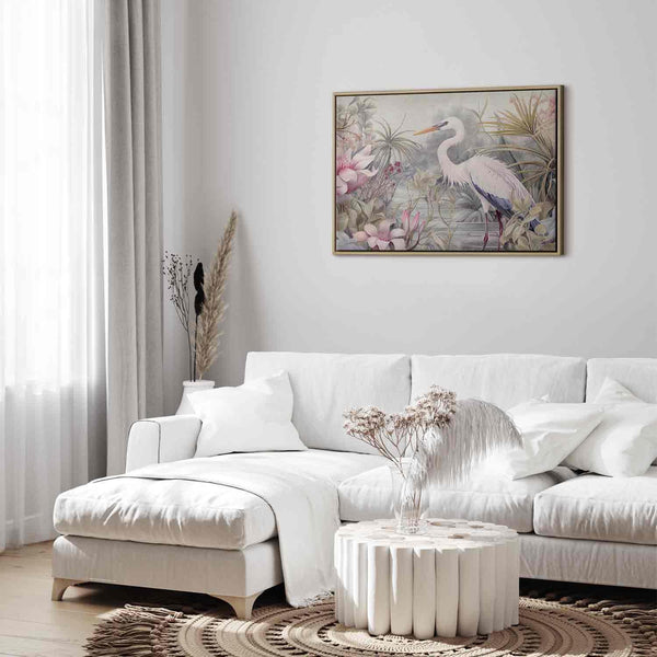 Quadro - Heron wading in a pond - illustration in bright colours