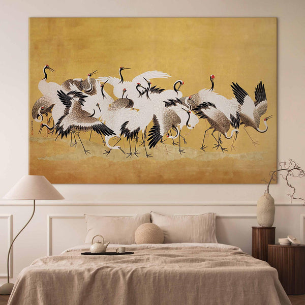Quadro XXL - Japanese cranes - a flock of birds against a golden background based on a painting by Ishida Yūtei