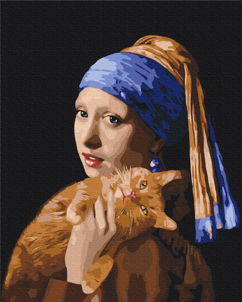 Quadro fai da te - Girl with a pearl and a ginger cat