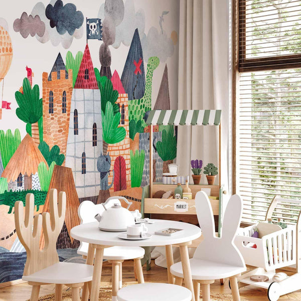 Carta da parati - A colourful treasure island with a castle - a pirate ship at sea for children