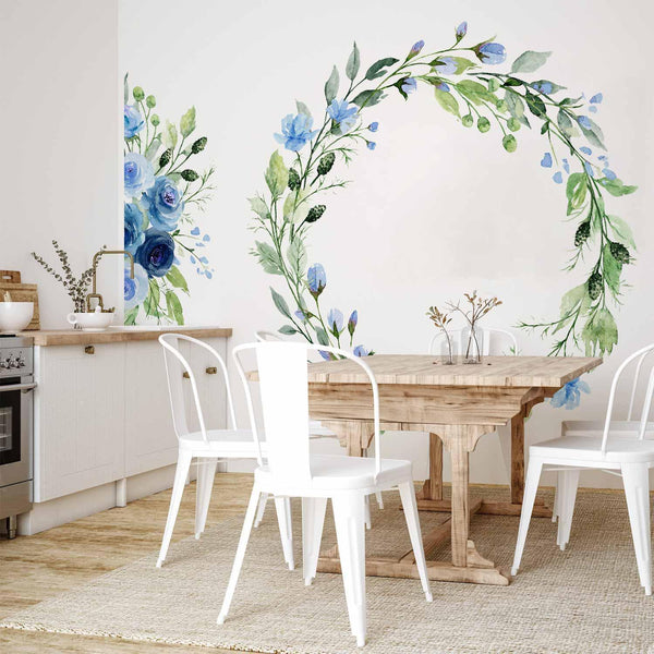 Carta da parati - Romantic wreath - plant motif with blue flowers and leaves