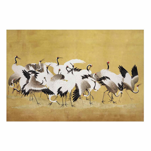 Poster - Japanese Cranes - a flock of birds against a golden background based on the painting of Ishida Yūtei
