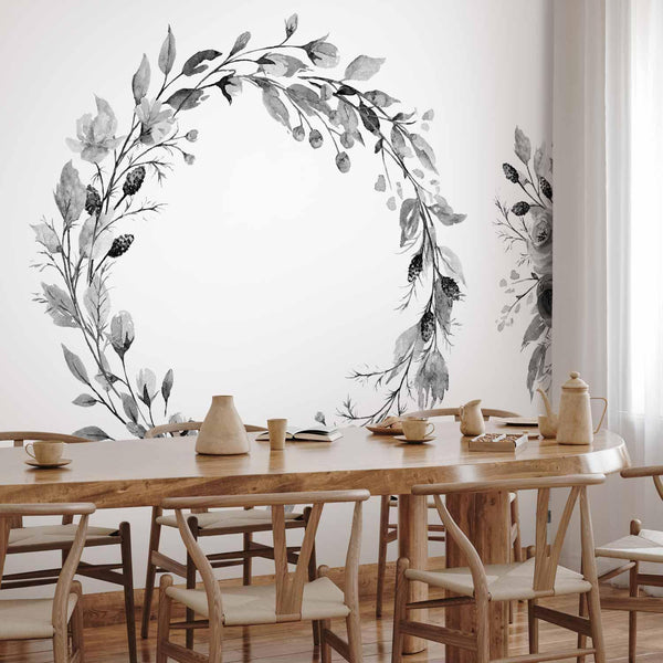 Carta da parati - Romantic wreath - grey plant motif with leaves with rose pattern