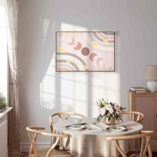 Quadro - Joyful Sky - Yellow Cheerful Stars with a Rainbow Against the Phases of the Moon in a Light Beige Sky Hue
