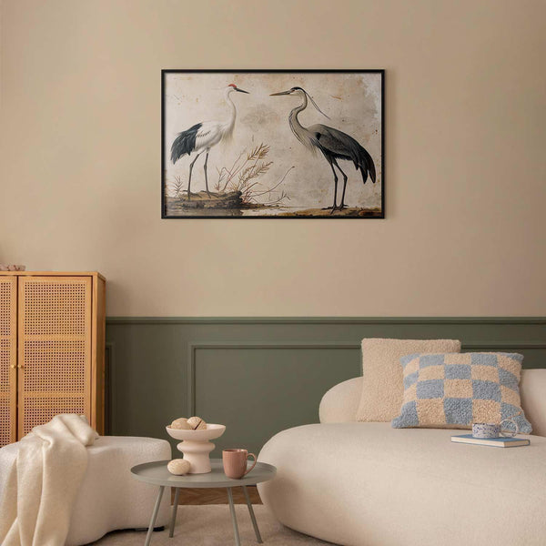 Poster - Birds from an Old Engraving - vintage-style illustration of a heron and a crane