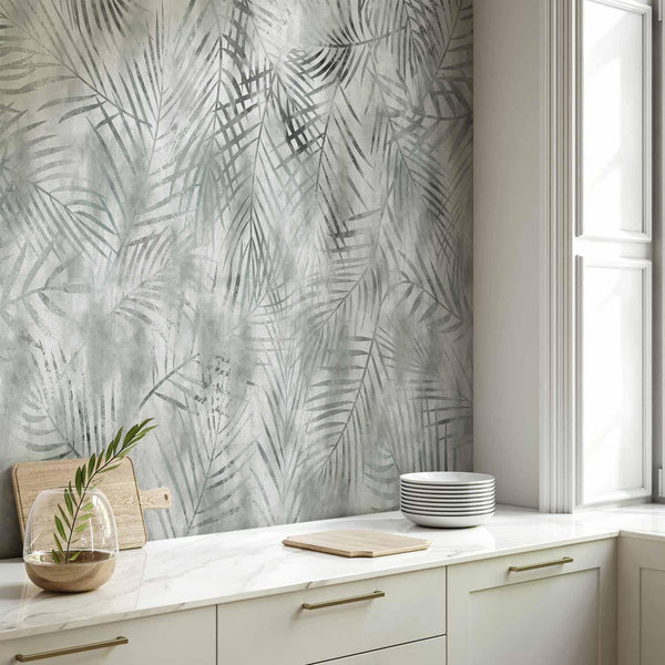 Carta da parati - Minimalist landscape - nature motif with grey exotic leaves