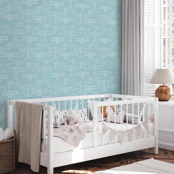 Tappezzeria murale - Sketch - Outline of an airplane in white on a turquoise background