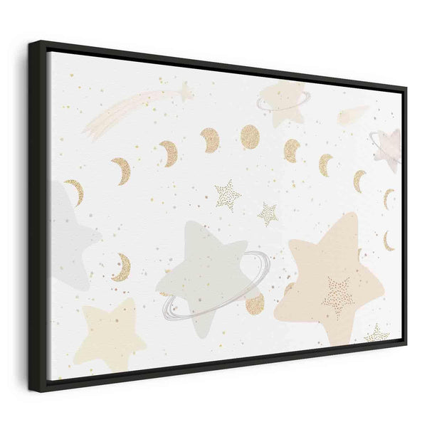 Quadro - Fairy-Tale Galaxy - Phases of the Moon in Yellow Tones Among Stars in Beige and Ash Colors with Stardust