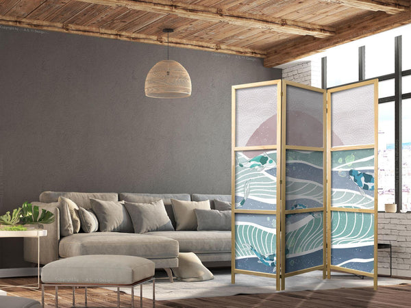 Paravento giapponese - Picturesque Landscape with Fish - Sunset and Koi Fish in Shades of Turquoise and Blue Floating Above Water