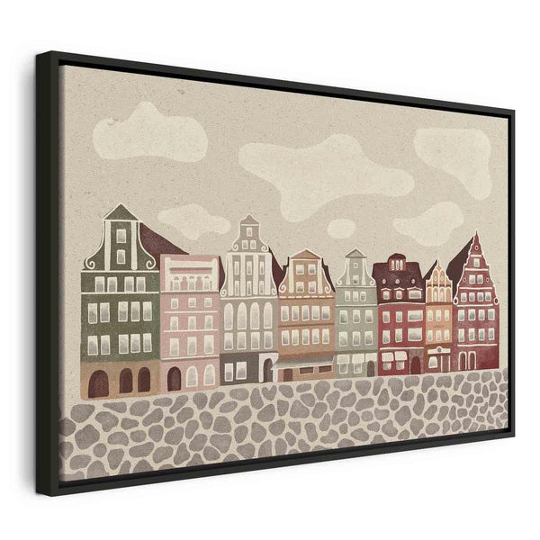 Quadro - Salt Square - Colorful Illustrated Townhouses Against a Cloudy Sky Background