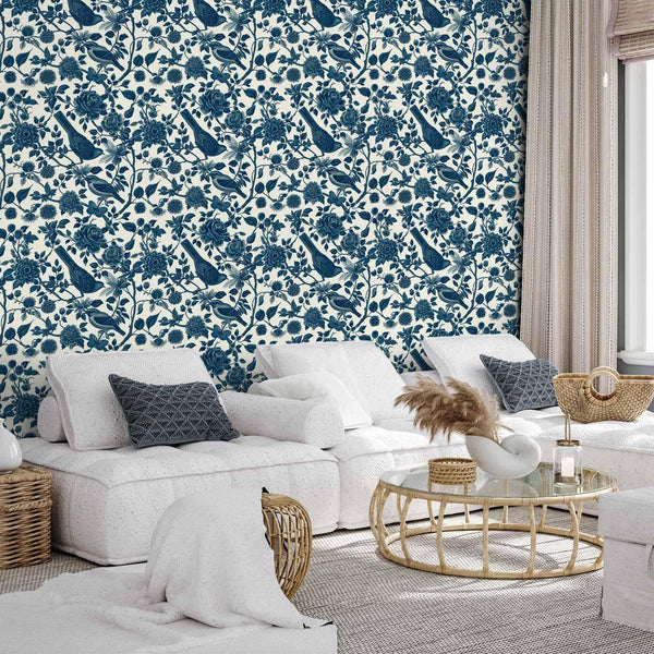 Tappezzeria murale - Birds and roses - monochrome blue pattern with botanical motif