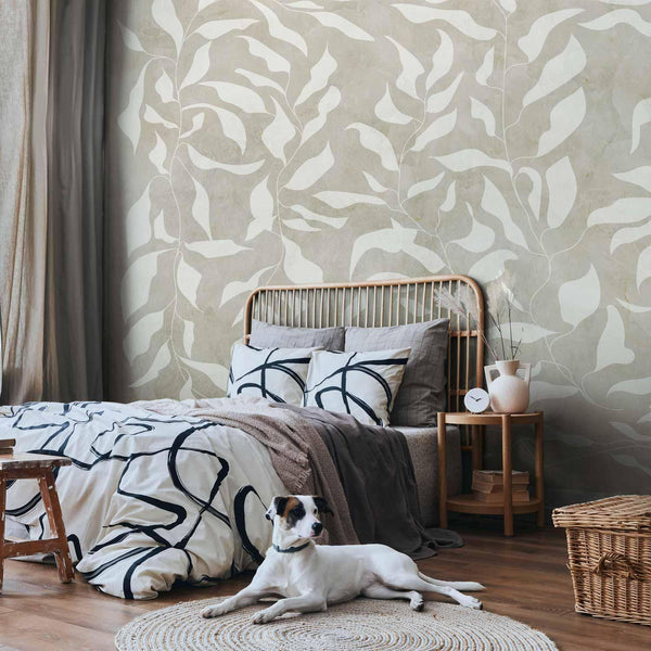 Carta da parati - White leaves - abstract plant motif on beige background with frame