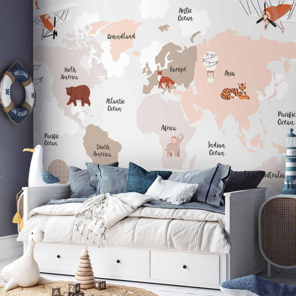 Carta da parati - Map in Shades of Beige - Continents With Animals