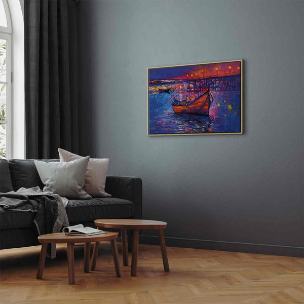 Quadro - Modern impressionism - night landscape of a lake with a floating boat