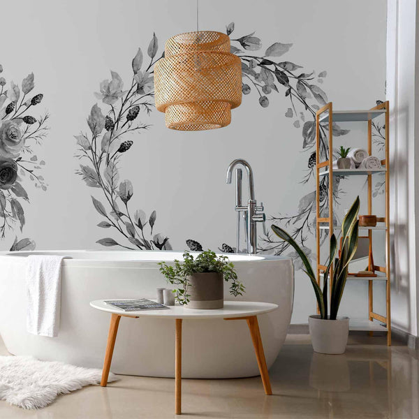 Carta da parati - Romantic wreath - grey plant motif with leaves with rose pattern