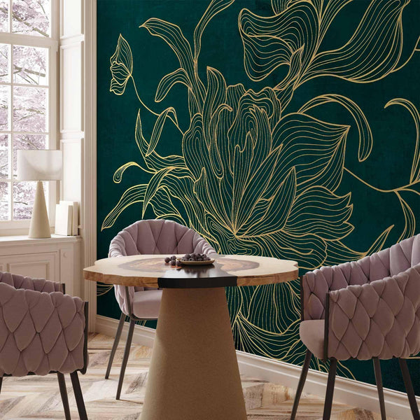 Carta da parati - Green boudoir - linear drawing of a flower in golden colours on a dark background