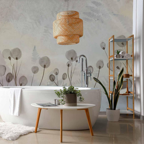 Carta da parati - Minimalist meadow - floral motif in light shades with reflections