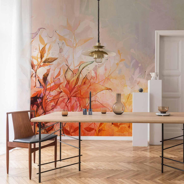Carta da parati - Flaming meadow - nature landscape with meadow of flowers and leaves in watercolour style