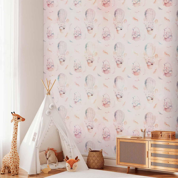 Carta da parati - Solid pattern with feathers - hares in a basket and in a balloon for children