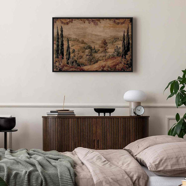 Quadro - Mediterranean landscape - old tapestry with a hill and a lake