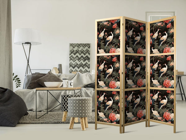 Paravento giapponese - Ornament with birds - silhouettes of cranes and peony flowers on a dark background