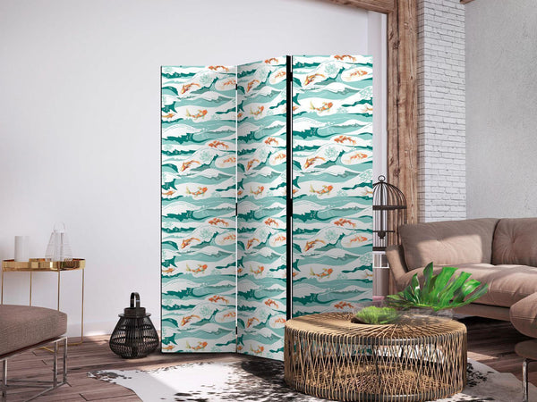 Paravento - Fish Leaping Above the Waves - Oriental Fish and Water Lilies Among High Waves in Sea Green Colors