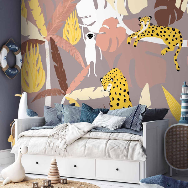 Carta da parati - Cheetahs in the jungle - landscape with exotic animals with palm trees for children