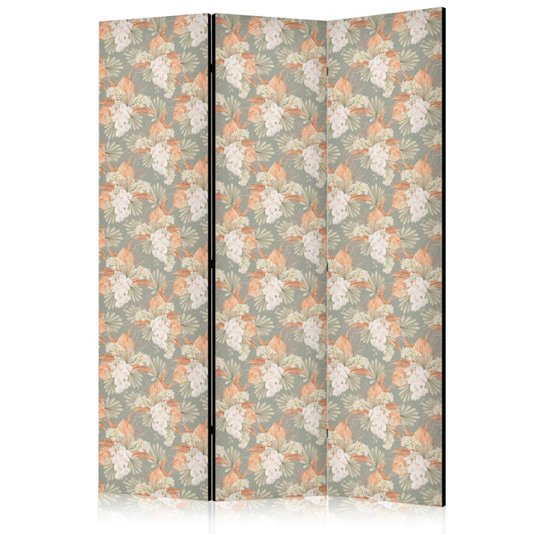 Paravento - Little Bouquets - Exotic Flowers and Leaves on a Gray-Green Background