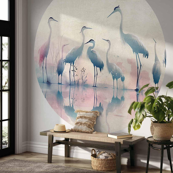 Carta da parati rotonda - Birds by the lake - herons painted in watercolours in delicate grey and pink colours