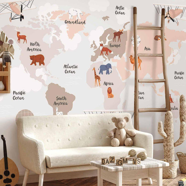 Carta da parati - World Map in Beige Tones for Children's Room