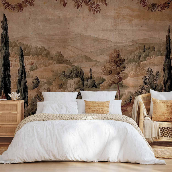 Carta da parati - Mediterranean landscape - old tapestry with a hill and a lake