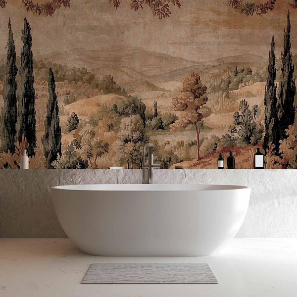 Carta da parati - Mediterranean landscape - old tapestry with a hill and a lake