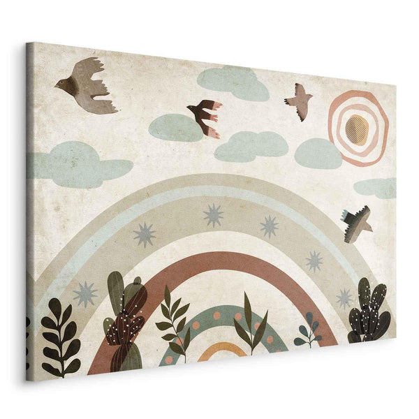 Quadro - Rainbow and Sun Above - Birds in Subdued Colors Flying Among Clouds Above a Rainbow and Various Plants on a Light Background