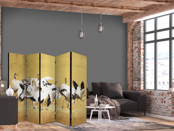 Paravento - Japanese cranes - a flock of birds against a golden background based on a painting by Ishida Yūtei