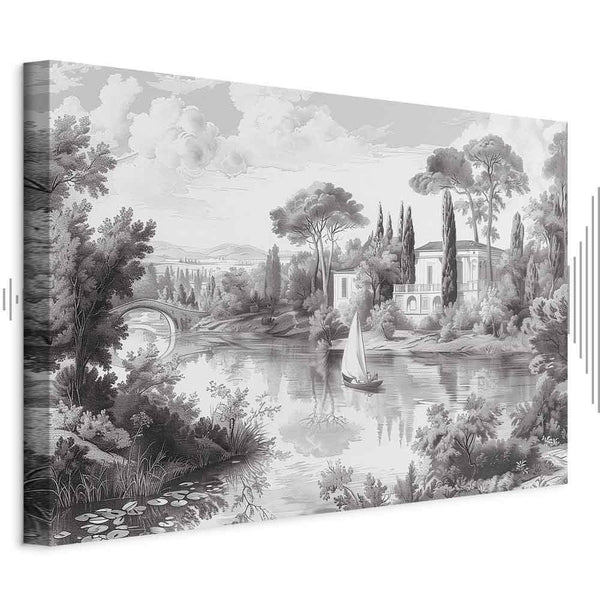 Quadro - Black and White Vintage Landscape Retro View of a Pond with a Boat
