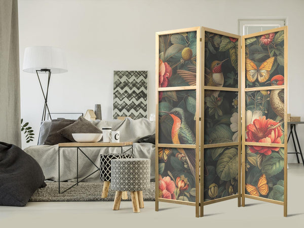 Paravento giapponese - In the Botanical Garden - Flowers Birds and Butterflies - Colorful Illustration