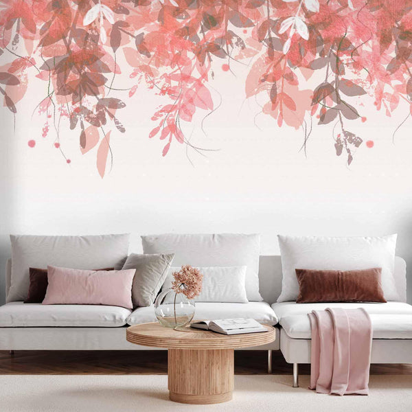 Carta da parati - Under vegetation - hanging vines of pink leaves on a neutral background