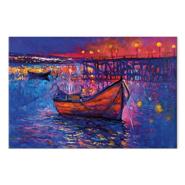 Quadro - Modern impressionism - night landscape of a lake with a floating boat