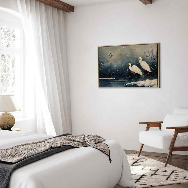 Quadro - Herons over a winter pond - Japanese-style illustration in dark colours