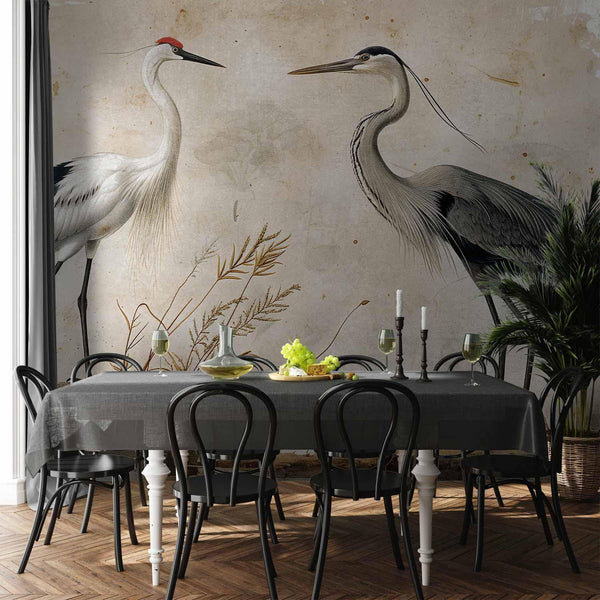 Carta da parati - Birds from an old engraving - vintage-style illustration depicting a heron and a crane