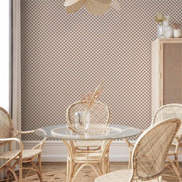 Tappezzeria murale - Checkerboard Pattern - Brown-White Grid with a Subtle Noise
