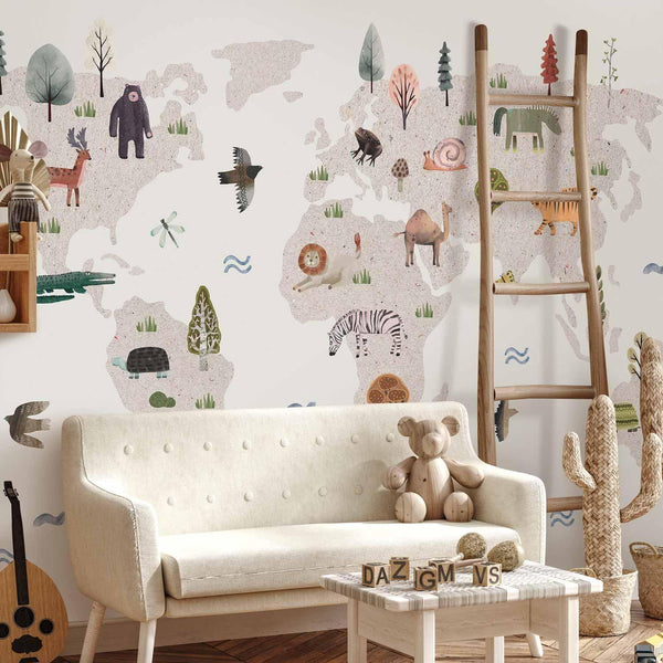 Carta da parati - Beige World - Continents With Animals in Muted Colours